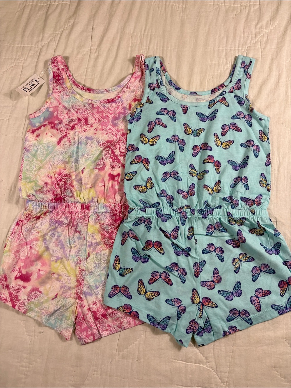 The Children's Place Girls Romper Set 2pk Pink Tie Dye Blue Butterfly Size 5/6 S
